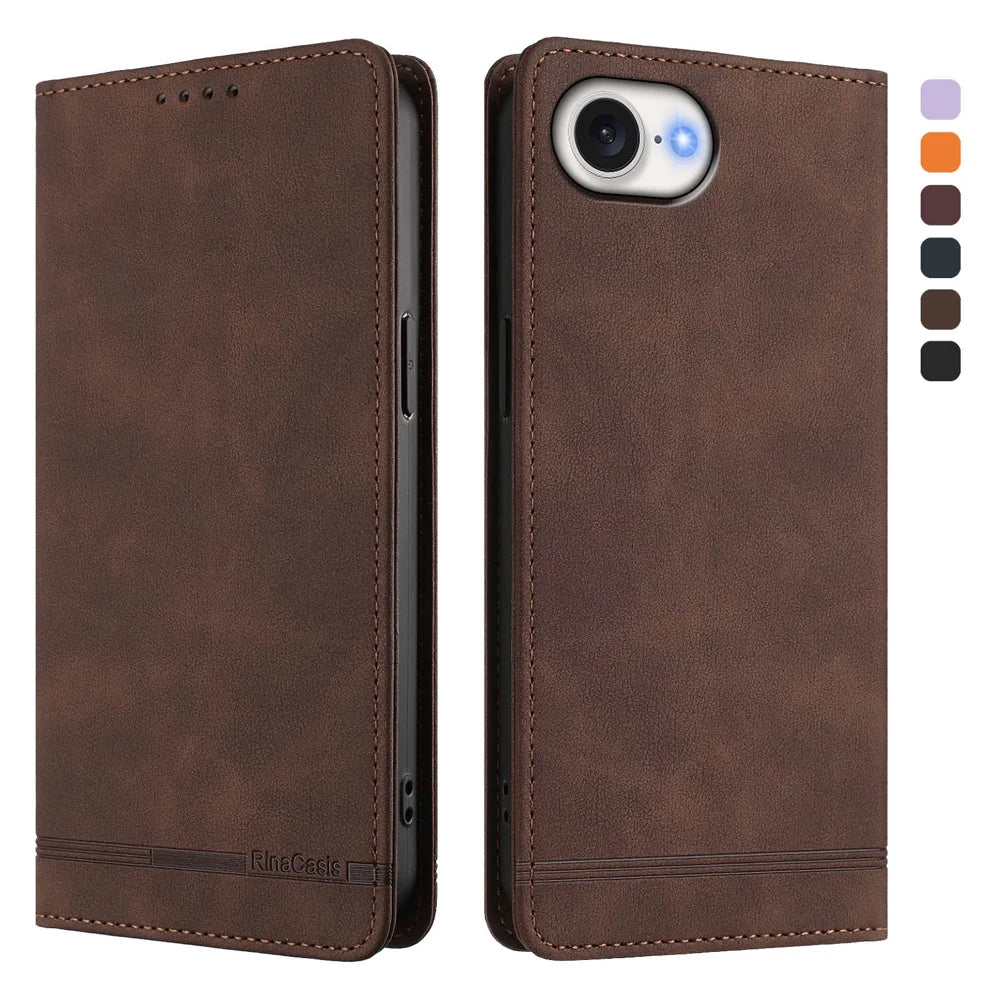 For iPhone 17e / 16e Case RINACASIS RC23 RFID Blocking Wallet Stand PU Leather Phone Cover - Brown - 1