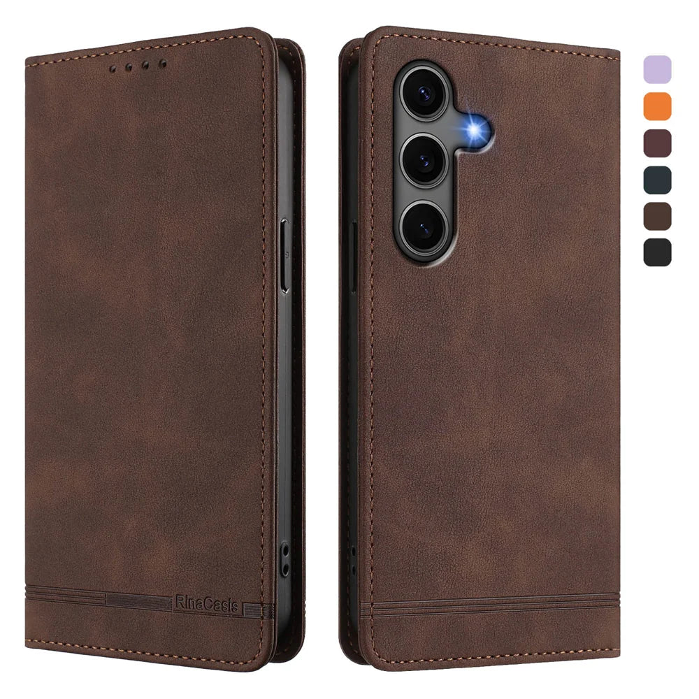 For Samsung Galaxy S24+ / Galaxy S25+ Case RINACASIS RC23 RFID Blocking Wallet Stand PU Leather Phone Cover - Brown - 1