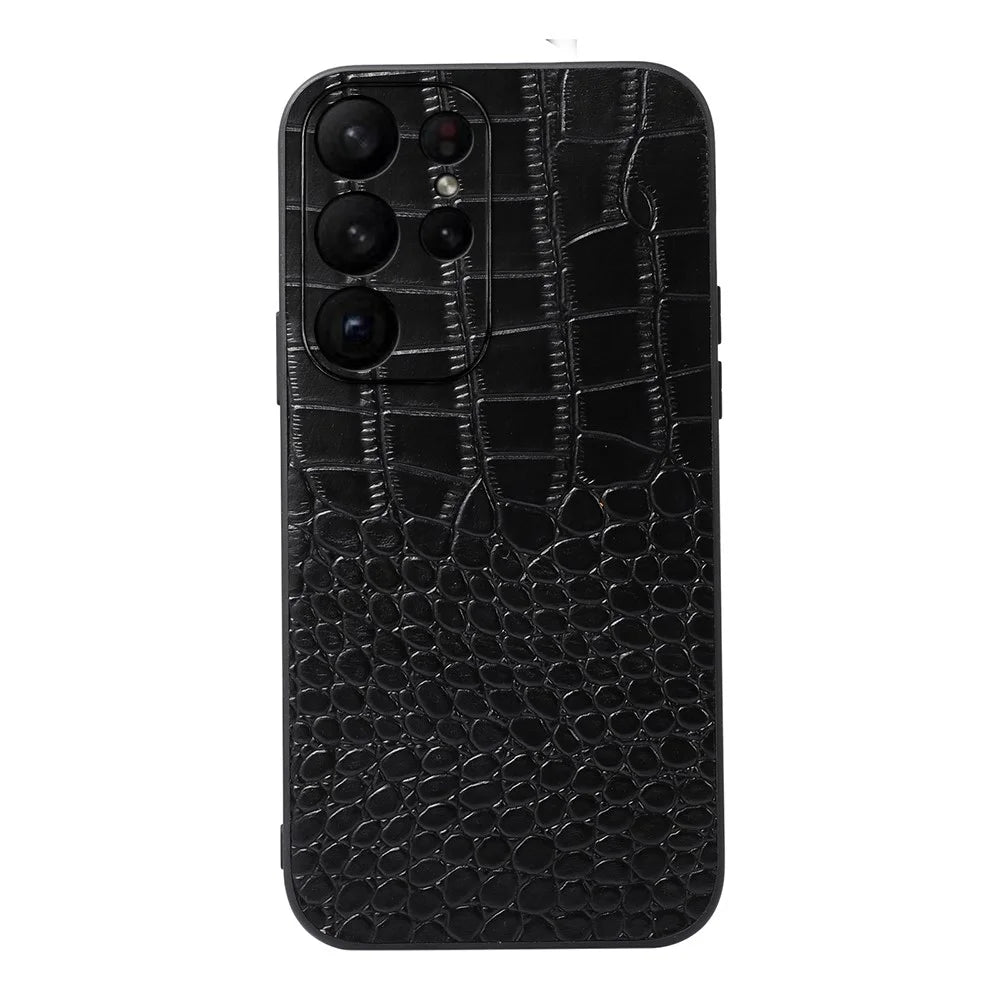 For Samsung Galaxy S23 Ultra Crocodile Texture Anti-Shock Phone Case Genuine Cowhide Leather Coated PC+TPU Cover - Black - 1