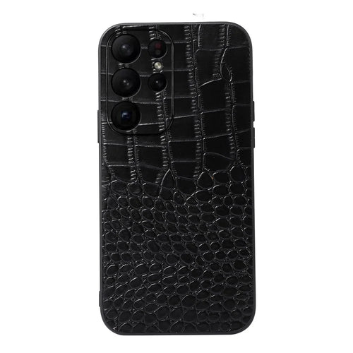 For Samsung Galaxy S23 Ultra Crocodile Texture Anti-Shock Phone Case Genuine Cowhide Leather Coated PC+TPU Cover - Black - 1