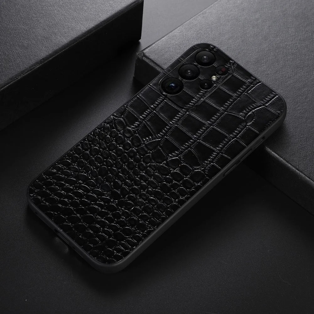 For Samsung Galaxy S23 Ultra Crocodile Texture Anti-Shock Phone Case Genuine Cowhide Leather Coated PC+TPU Cover - Black - 2