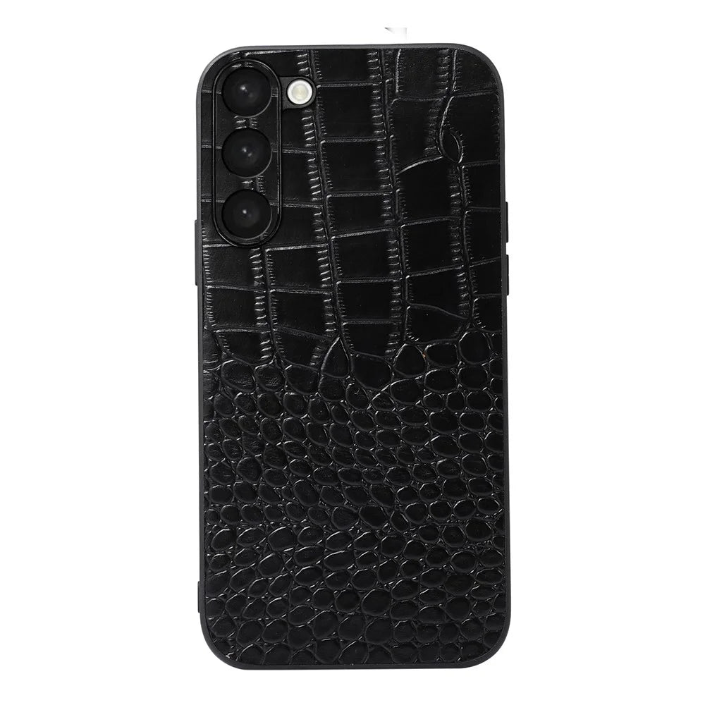 For Samsung Galaxy S23+ Crocodile Texture Phone Case Impact Resistant Genuine Cowhide Leather Coated PC+TPU Cover - Black - 1
