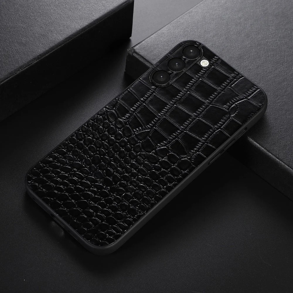 For Samsung Galaxy S23+ Crocodile Texture Phone Case Impact Resistant Genuine Cowhide Leather Coated PC+TPU Cover - Black - 2