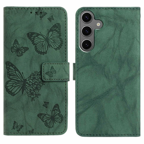For Samsung Galaxy S25 Leather Case Butterfly Flower Imprinted Wallet Stand Flip Phone Cover with Wrist Strap - Green - 1