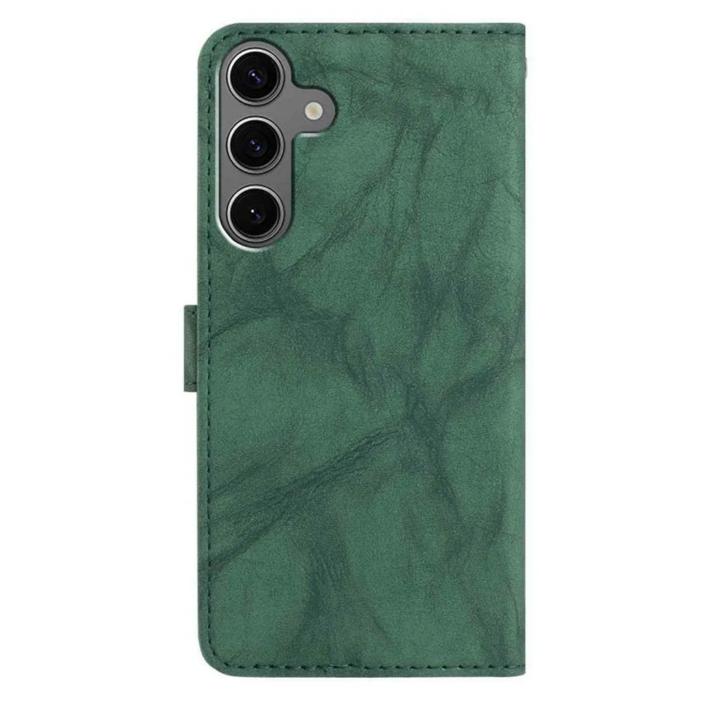 For Samsung Galaxy S25 Leather Case Butterfly Flower Imprinted Wallet Stand Flip Phone Cover with Wrist Strap - Green - 6