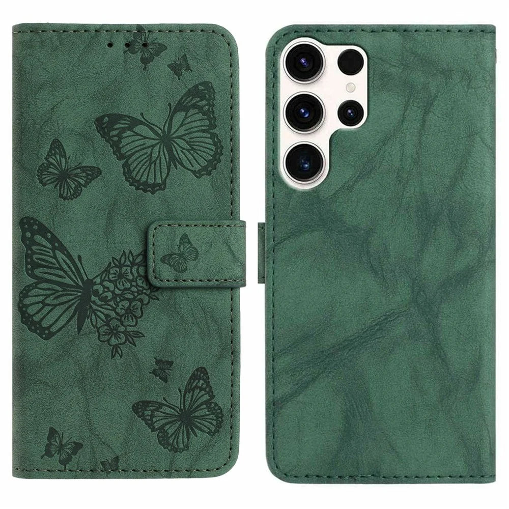 For Samsung Galaxy S25 Ultra Leather Case Butterfly Flower Imprinted Wallet Stand Flip Phone Cover with Wrist Strap - Green - 1