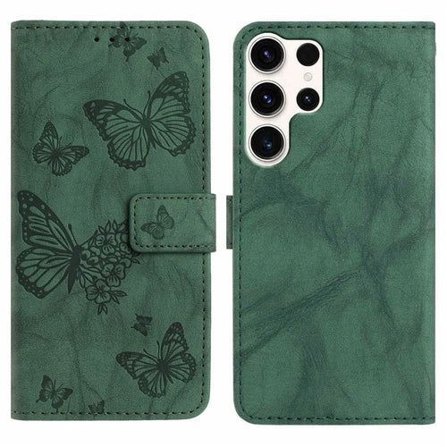 For Samsung Galaxy S25 Ultra Leather Case Butterfly Flower Imprinted Wallet Stand Flip Phone Cover with Wrist Strap - Green - 1