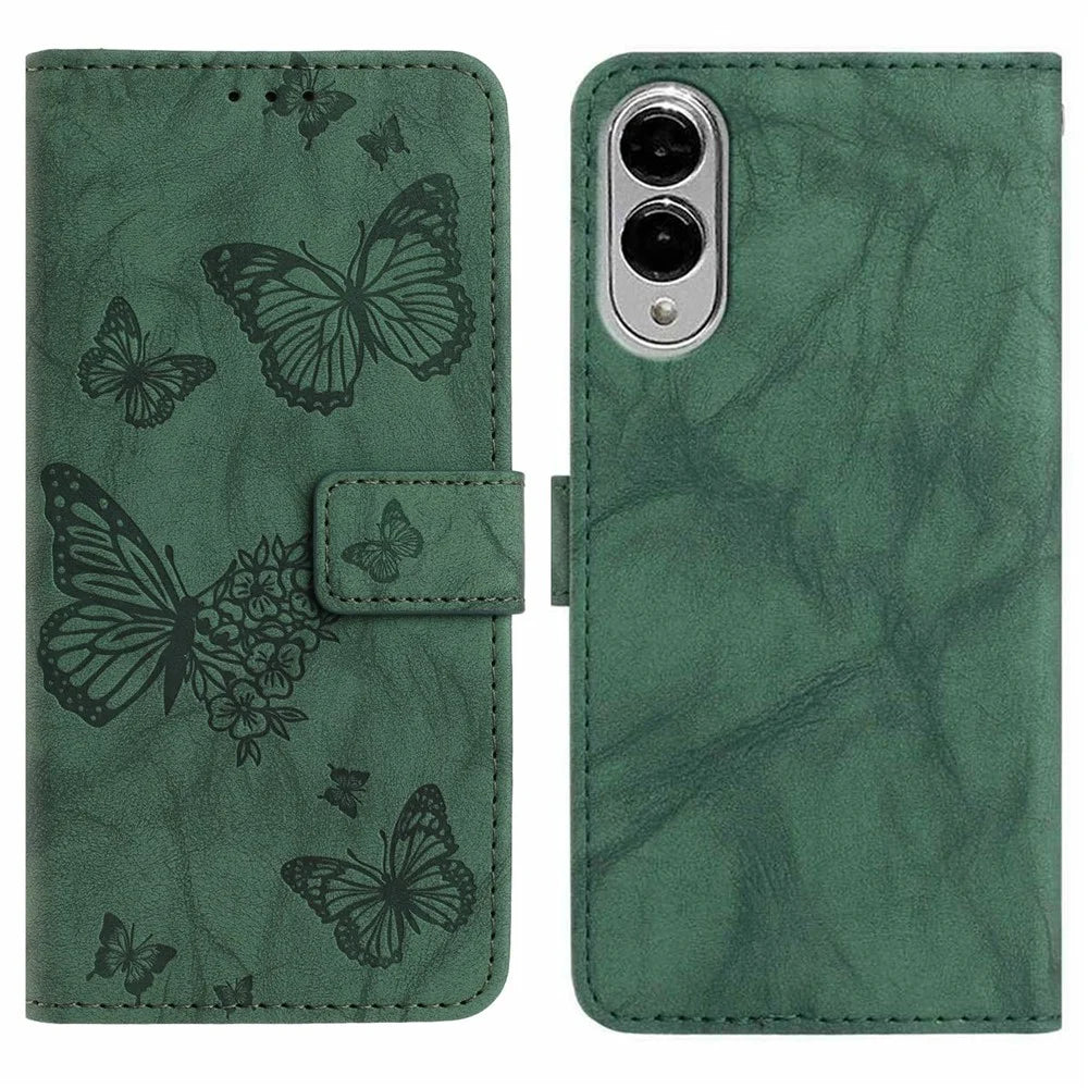 For Samsung Galaxy S25 Edge Leather Case Butterfly Flower Imprinted Wallet Stand Flip Phone Cover with Wrist Strap - Green - 1