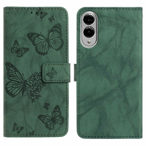 For Samsung Galaxy S25 Edge Leather Case Butterfly Flower Imprinted Wallet Stand Flip Phone Cover with Wrist Strap - Green - 1