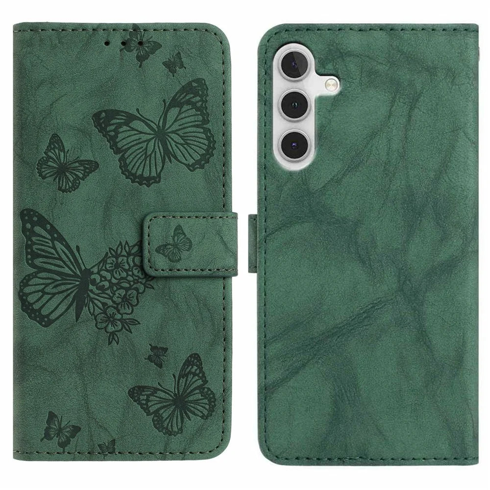 For Samsung Galaxy A16 5G  /  4G Leather Case Butterfly Flower Imprinted Wallet Stand Flip Phone Cover with Wrist Strap - Green - 1
