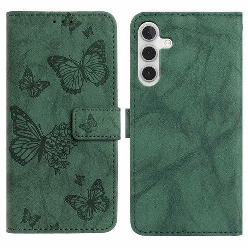 For Samsung Galaxy A16 5G  /  4G Leather Case Butterfly Flower Imprinted Wallet Stand Flip Phone Cover with Wrist Strap - Green - 1