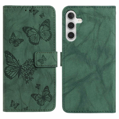 For Samsung Galaxy A36 5G Leather Case Butterfly Flower Imprinted Wallet Stand Flip Phone Cover with Wrist Strap - Green - 1