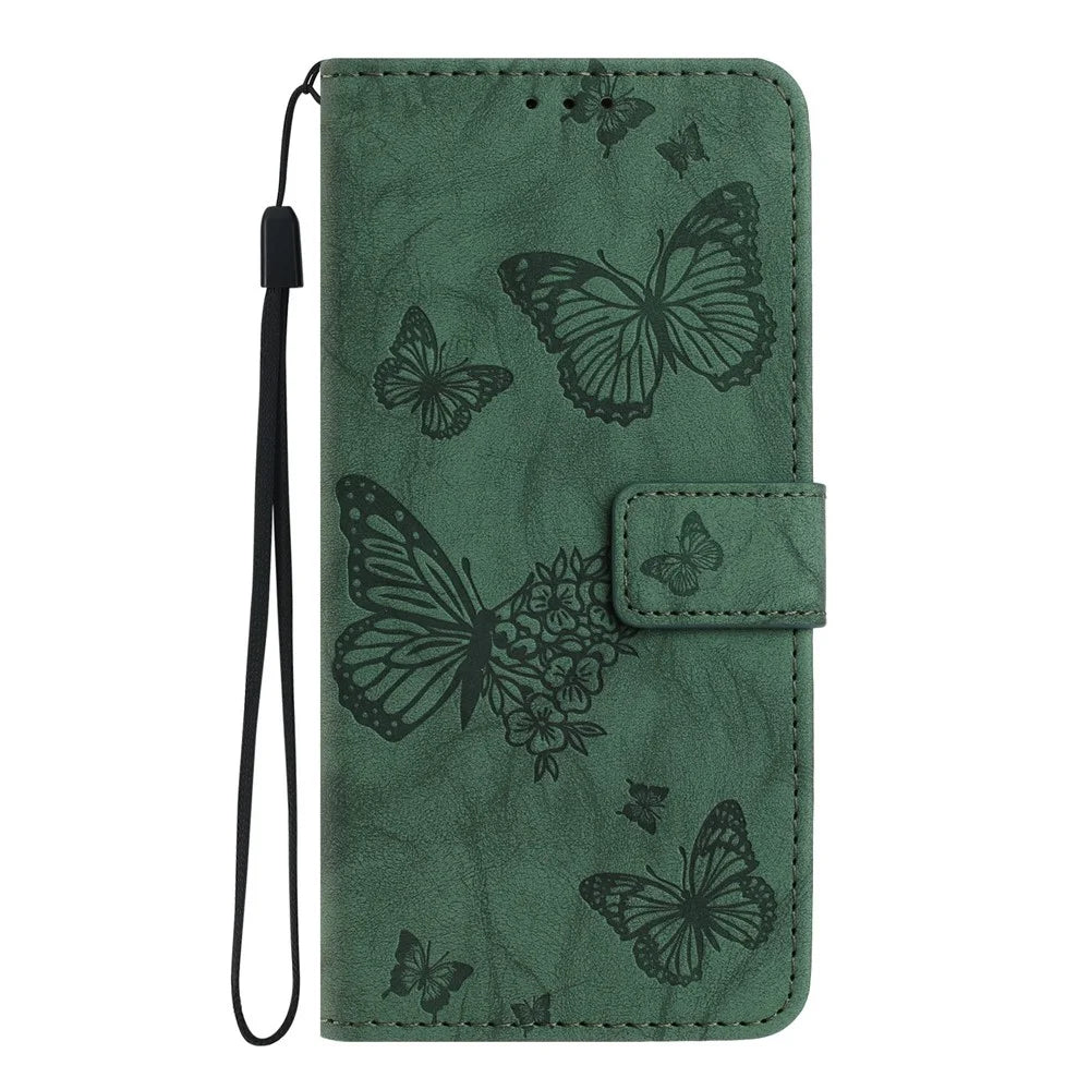 For Samsung Galaxy A36 5G Leather Case Butterfly Flower Imprinted Wallet Stand Flip Phone Cover with Wrist Strap - Green - 5