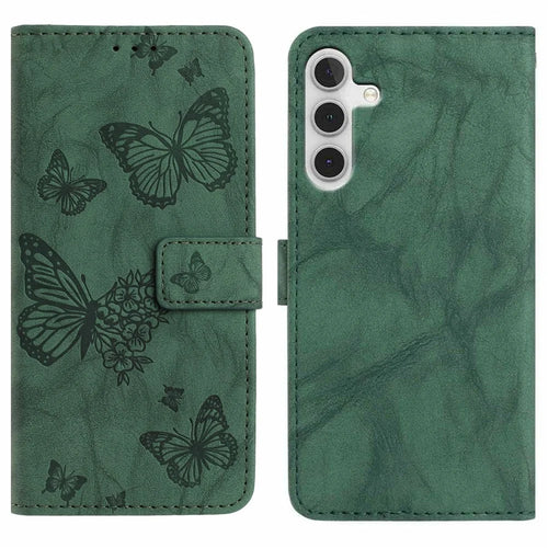 For Samsung Galaxy A56 5G Leather Case Butterfly Flower Imprinted Wallet Stand Flip Phone Cover with Wrist Strap - Green - 1