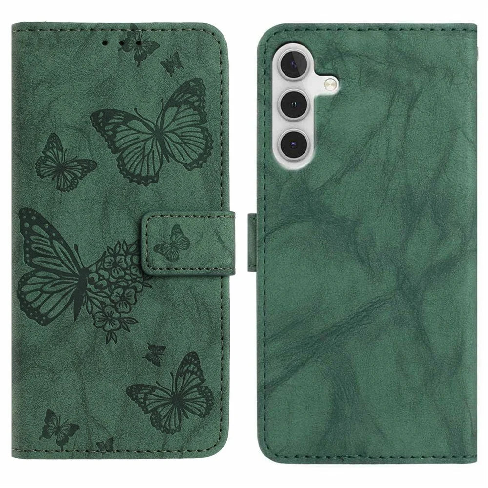 For Samsung Galaxy A18 5G / A18 4G / A17 5G / A17 4G Leather Case Butterfly Flower Imprinted Wallet Stand Flip Phone Cover with Wrist Strap - Green - 1