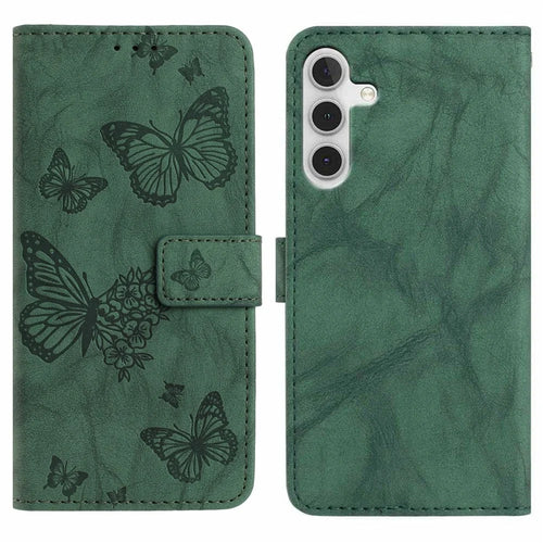 For Samsung Galaxy A18 5G / A18 4G / A17 5G / A17 4G Leather Case Butterfly Flower Imprinted Wallet Stand Flip Phone Cover with Wrist Strap - Green - 1