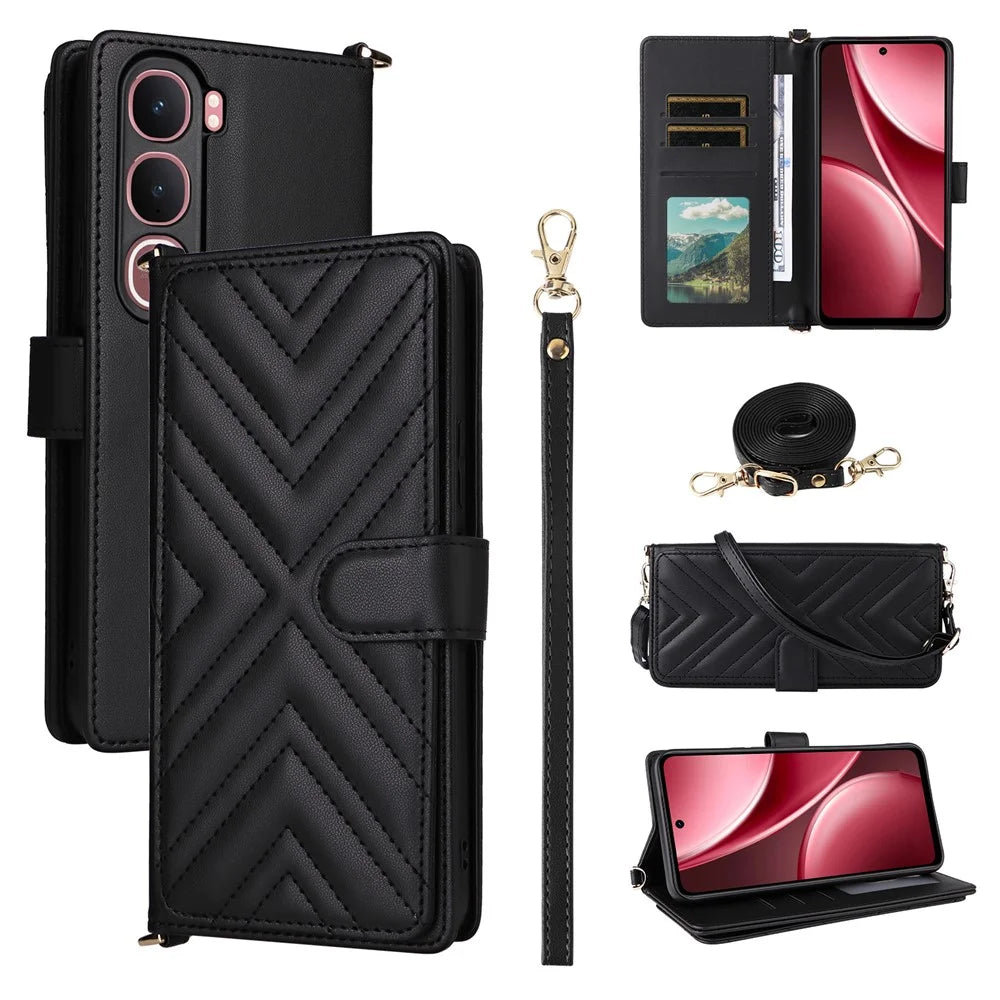 For vivo Y31 5G / Y21d Leather Case Stand Wallet Phone Cover with Shoulder  /  Wrist Strap - Black - 1