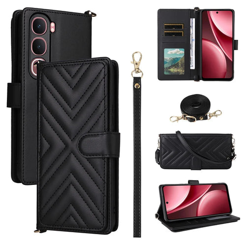 For vivo Y31 5G / Y21d Leather Case Stand Wallet Phone Cover with Shoulder  /  Wrist Strap - Black - 1
