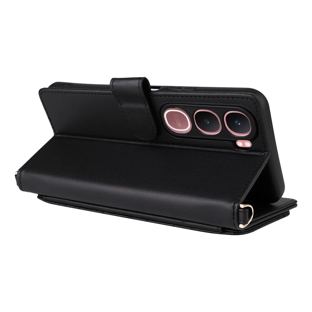 For vivo Y31 5G / Y21d Leather Case Stand Wallet Phone Cover with Shoulder  /  Wrist Strap - Black - 5