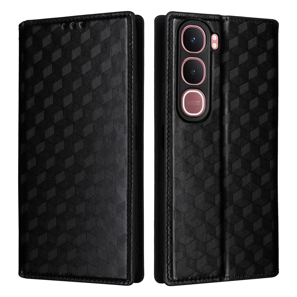 For vivo Y31 5G / Y21d Case Wallet Rhombus Imprinted Leather Phone Cover -  Black - 1