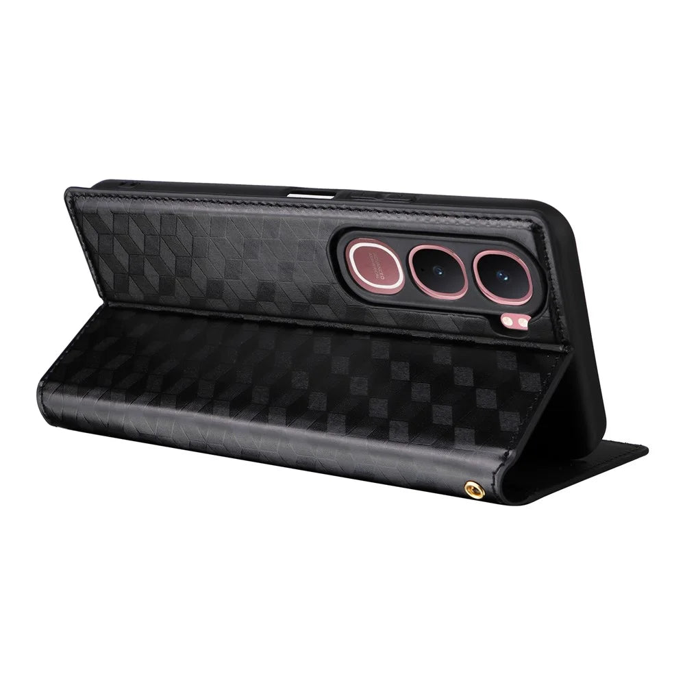 For vivo Y31 5G / Y21d Case Wallet Rhombus Imprinted Leather Phone Cover -  Black - 4