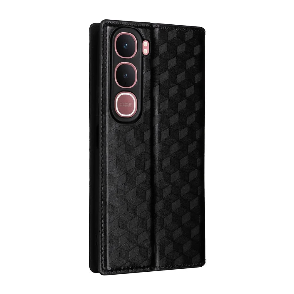 For vivo Y31 5G / Y21d Case Wallet Rhombus Imprinted Leather Phone Cover -  Black - 6