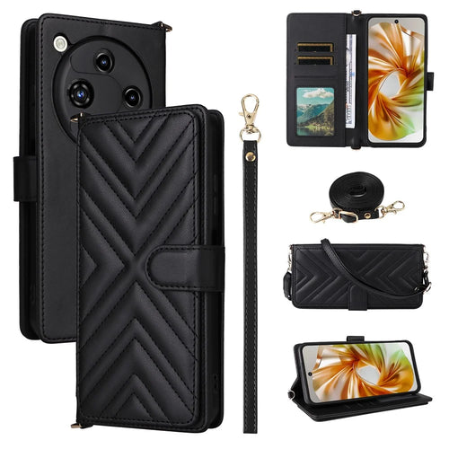 For ZTE nubia Focus 2 5G Leather Case Stand Wallet Phone Cover with Shoulder / Wrist Strap - Black - 1