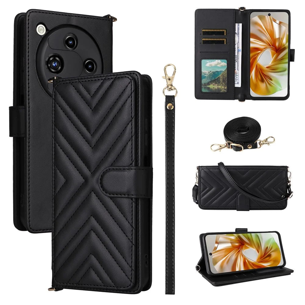 For ZTE nubia Focus 2 5G Leather Case Stand Wallet Phone Cover with Shoulder / Wrist Strap - Black - 1