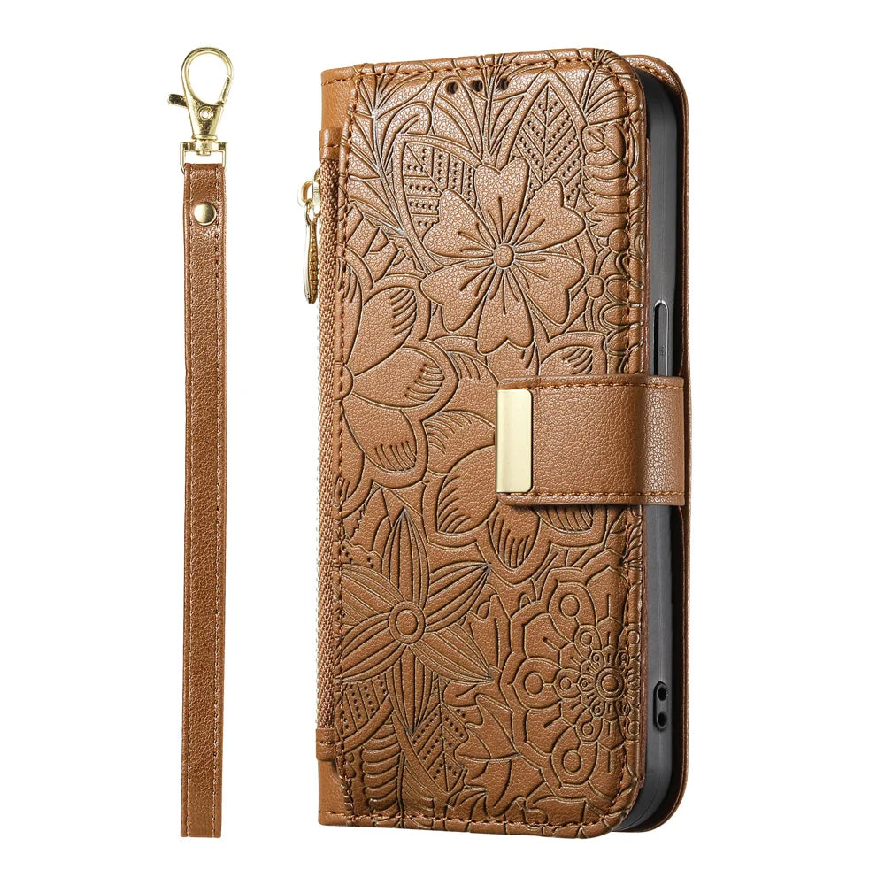 For ZTE Blade A76 4G Case Floral Leaf Pattern Multi Card Slots Zipper Leather Phone Cover with Wrist Strap - Brown - 2