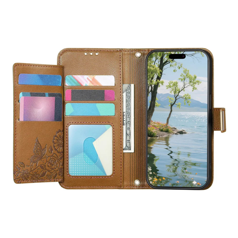 For ZTE Blade A76 4G Case Floral Leaf Pattern Multi Card Slots Zipper Leather Phone Cover with Wrist Strap - Brown - 3