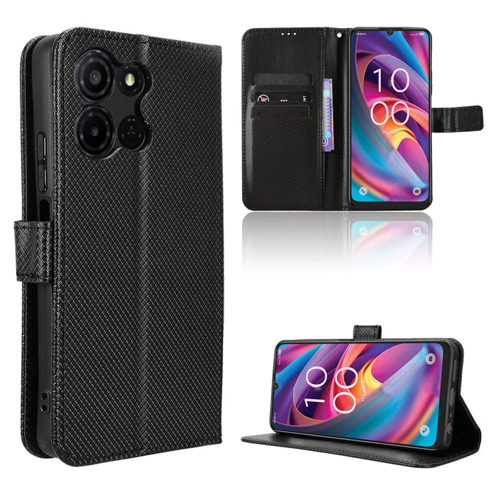 For TCL K32 5G / TCL K33 5G Leather Wallet Case with Strap Diamond Texture Phone Cover - Black - 1