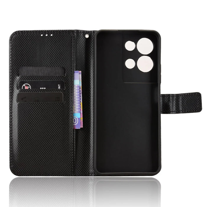 For TCL K32 5G / TCL K33 5G Leather Wallet Case with Strap Diamond Texture Phone Cover - Black - 5