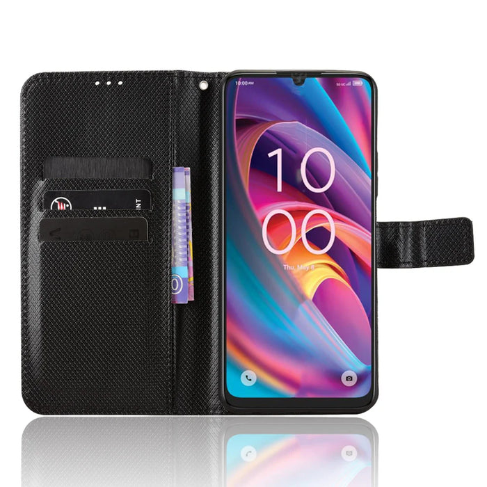 For TCL K32 5G / TCL K33 5G Leather Wallet Case with Strap Diamond Texture Phone Cover - Black - 6