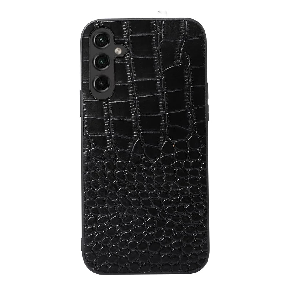 For Samsung Galaxy A14 5G / 4G Crocodile Texture Phone Case Shock Absorbing Genuine Cowhide Leather Coated PC+TPU Cover - Black - 1