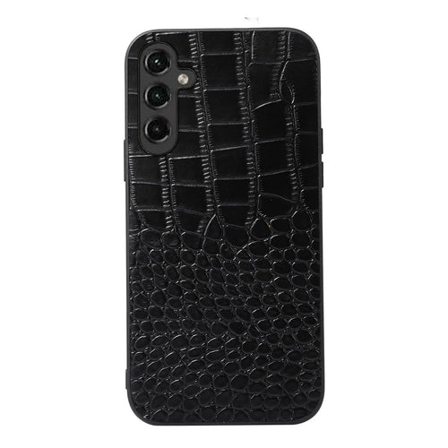 For Samsung Galaxy A14 5G / 4G Crocodile Texture Phone Case Shock Absorbing Genuine Cowhide Leather Coated PC+TPU Cover - Black - 1