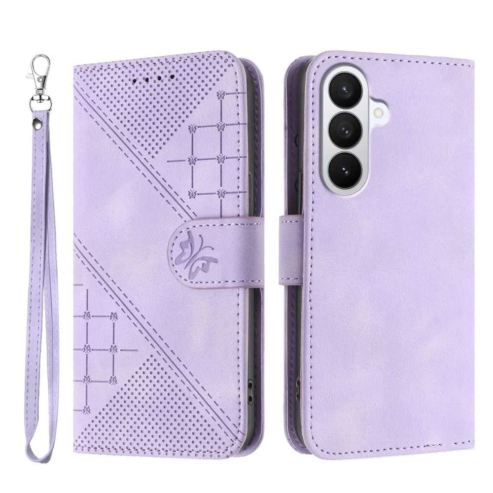 For Samsung Galaxy S26 Leather Wallet Case Butterfly Flower Imprinted Phone Cover with Strap - Purple - 1