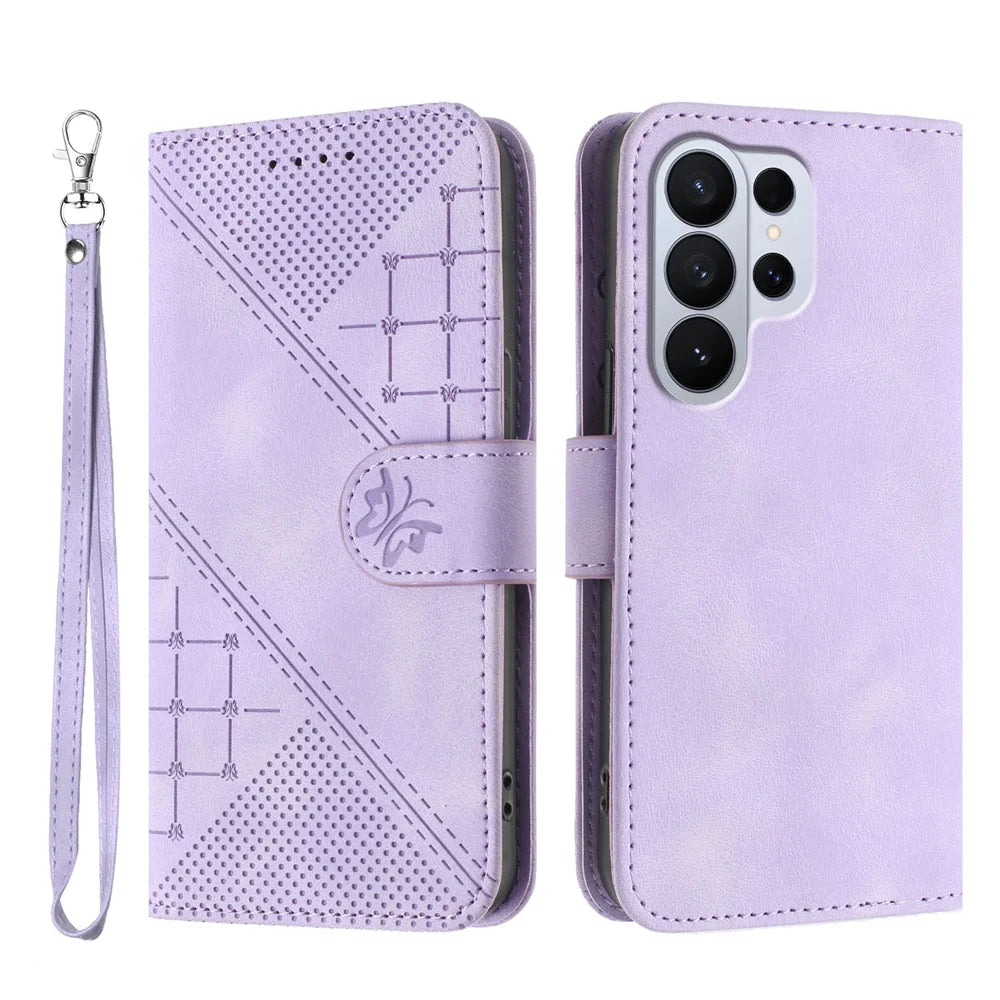 For Samsung Galaxy S26 Ultra Leather Wallet Case Butterfly Flower Imprinted Phone Cover with Strap - Purple - 1