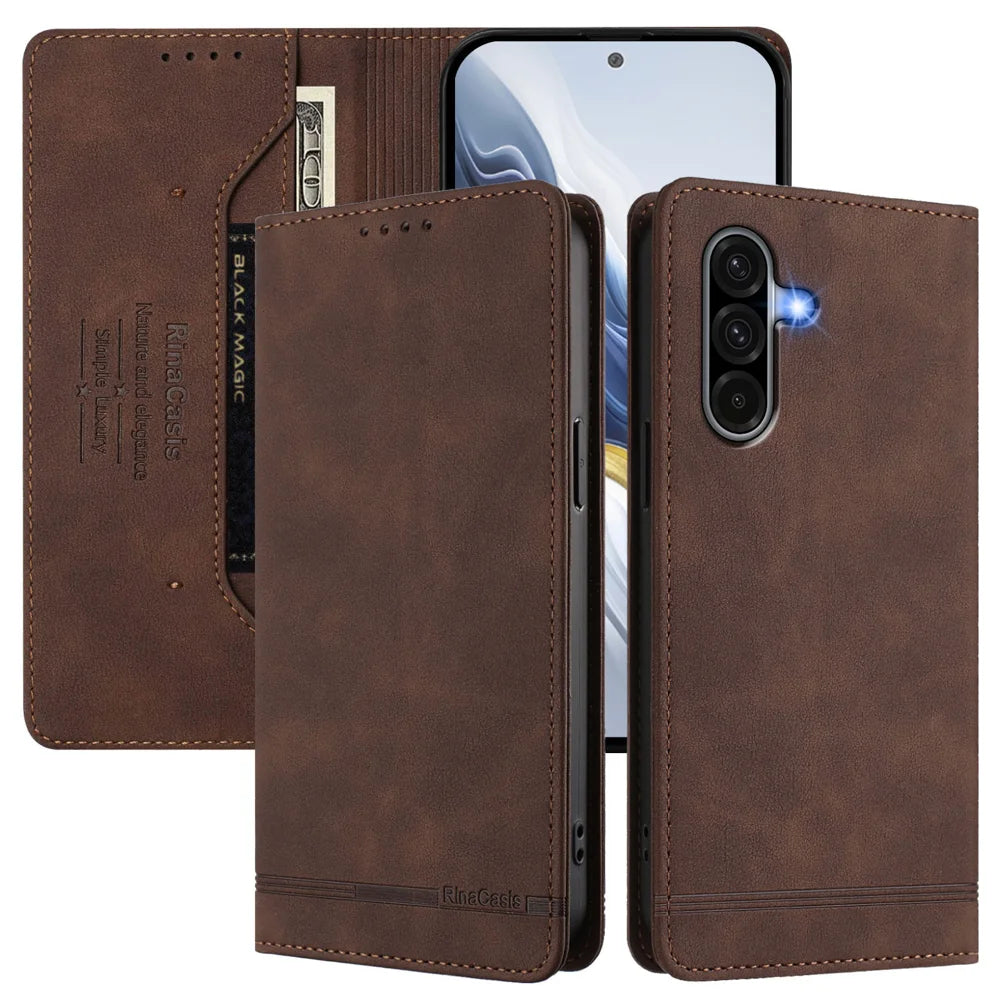 For Samsung Galaxy A37 5G / A56 5G / A36 5G Case RINACASIS RC23 RFID Blocking Wallet Stand PU Leather Phone Cover - Brown - 3