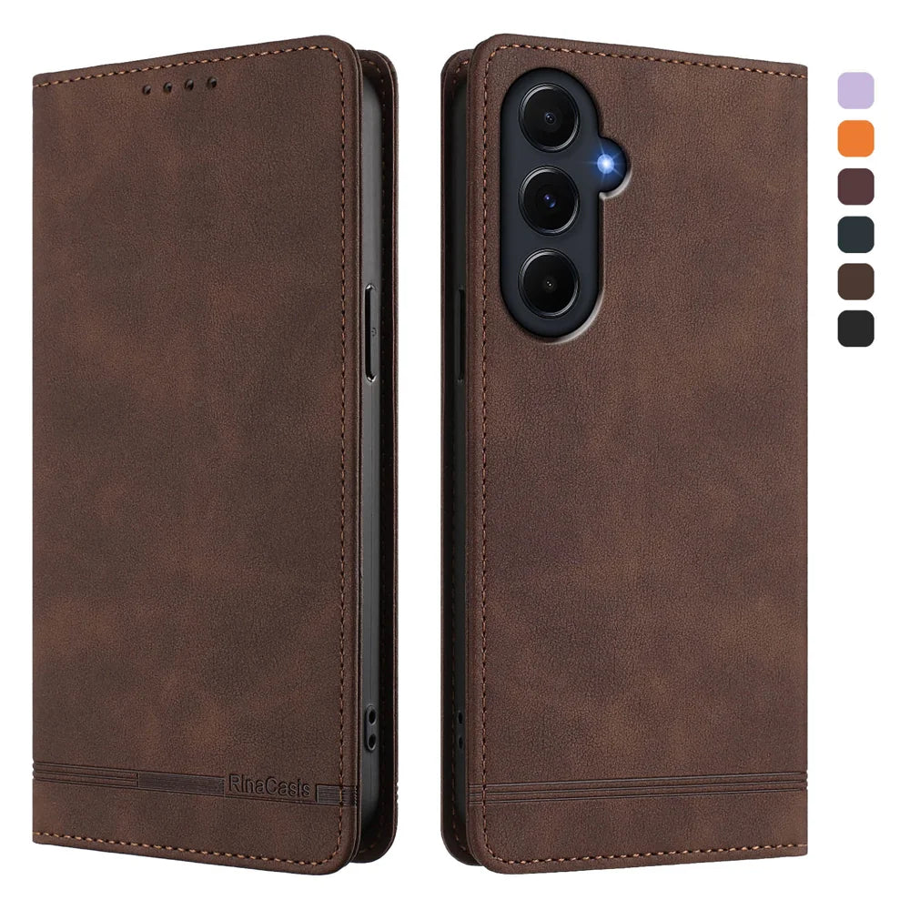 For Samsung Galaxy A55 5G Case RINACASIS RC23 RFID Blocking Wallet Stand PU Leather Phone Cover - Brown - 1