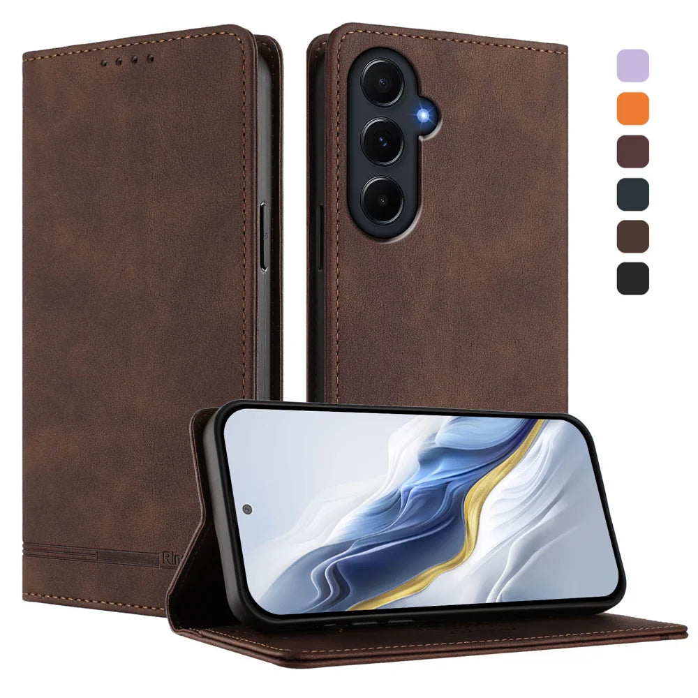 For Samsung Galaxy A55 5G Case RINACASIS RC23 RFID Blocking Wallet Stand PU Leather Phone Cover - Brown - 2