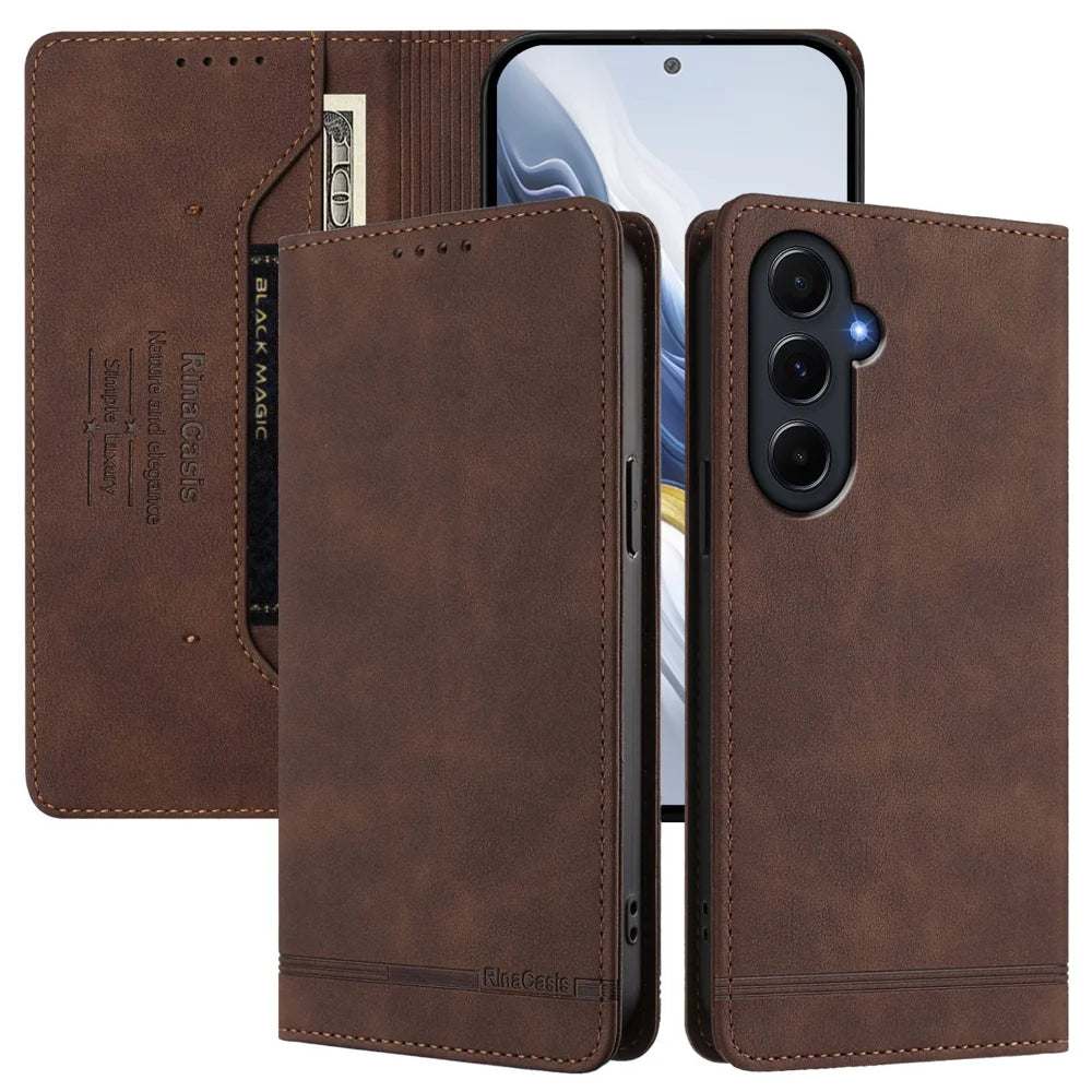 For Samsung Galaxy A55 5G Case RINACASIS RC23 RFID Blocking Wallet Stand PU Leather Phone Cover - Brown - 3
