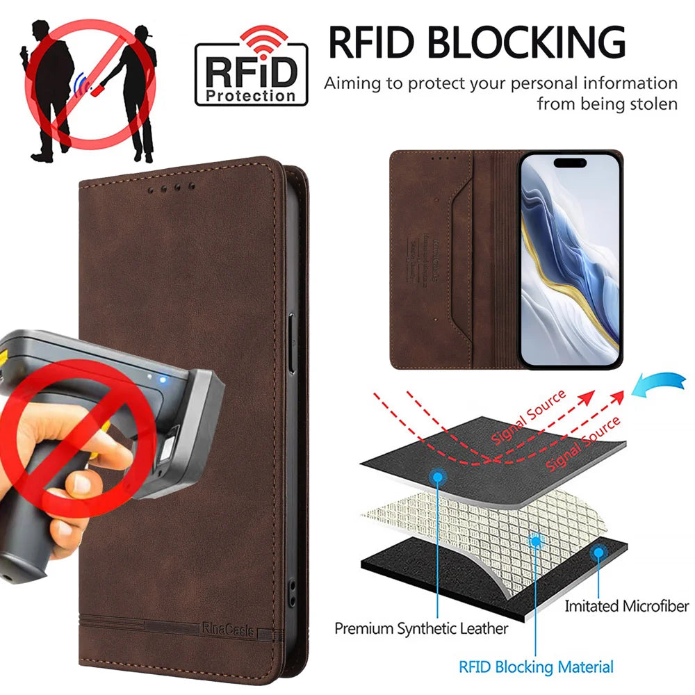 For Samsung Galaxy A55 5G Case RINACASIS RC23 RFID Blocking Wallet Stand PU Leather Phone Cover - Brown - 6