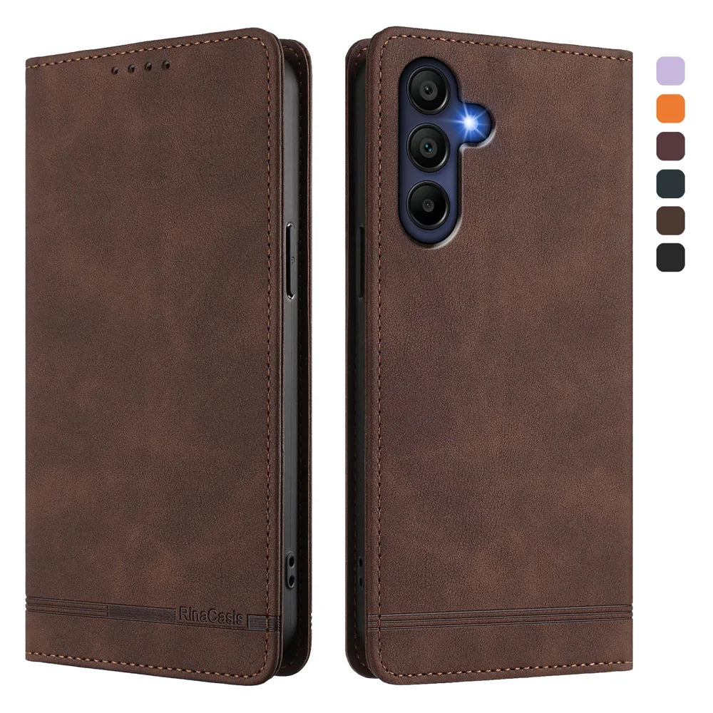 For Samsung Galaxy A16 4G / Galaxy A16 5G Case RINACASIS RC23 RFID Blocking Wallet Stand PU Leather Phone Cover - Brown - 1