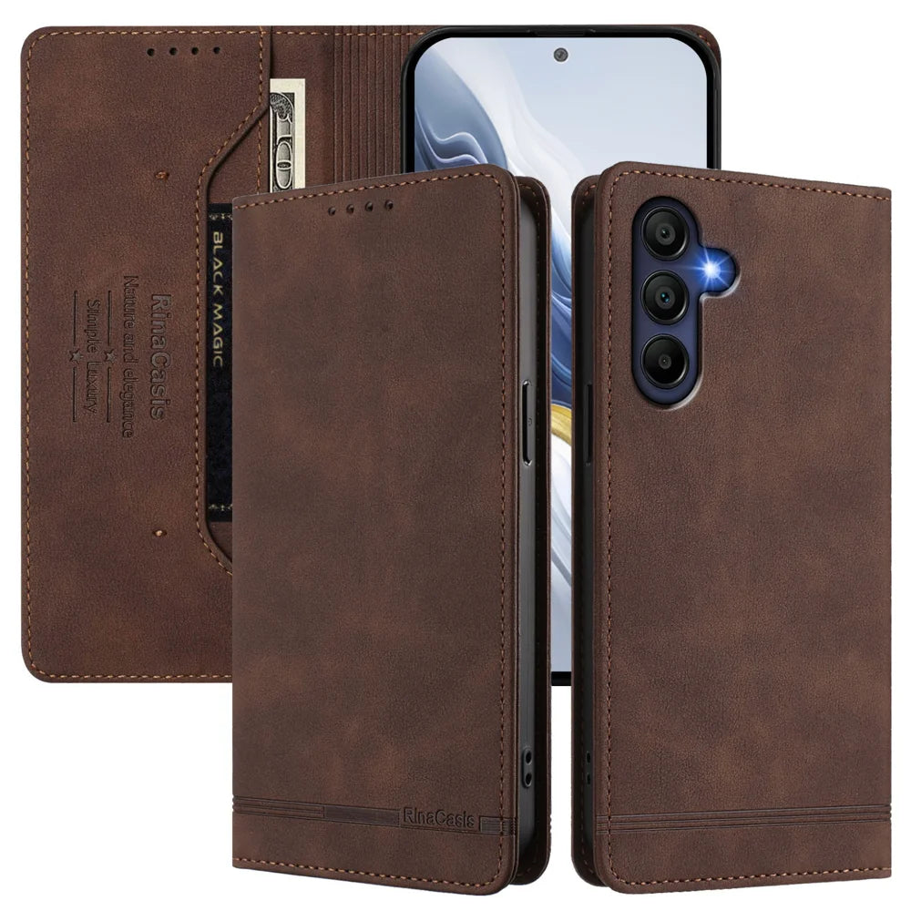 For Samsung Galaxy A16 4G / Galaxy A16 5G Case RINACASIS RC23 RFID Blocking Wallet Stand PU Leather Phone Cover - Brown - 3