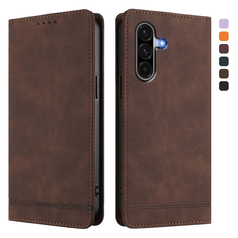 For Samsung Galaxy A18 5G / A18 4G / A17 5G / A17 4G / A26 5G Case RINACASIS RC23 RFID Blocking Wallet Stand PU Leather Phone Cover - Brown - 1