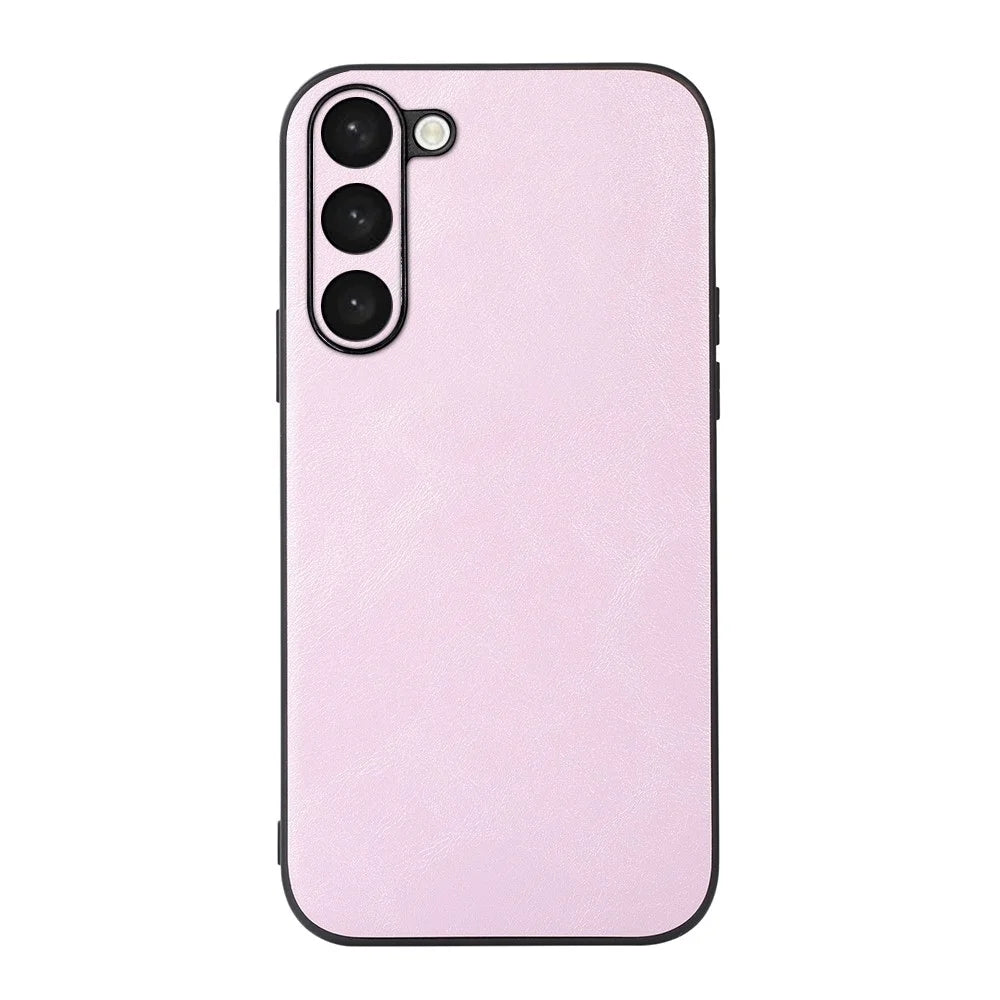 For Samsung Galaxy S23+ Impact Resistant Cowhide Texture PU Leather Coating Phone Case Hard PC Soft TPU Cover - Pink - 1