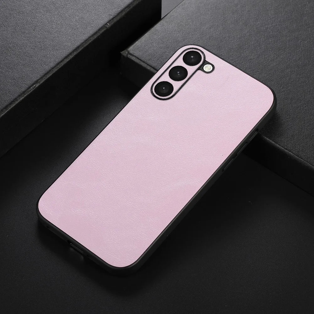 For Samsung Galaxy S23+ Impact Resistant Cowhide Texture PU Leather Coating Phone Case Hard PC Soft TPU Cover - Pink - 2