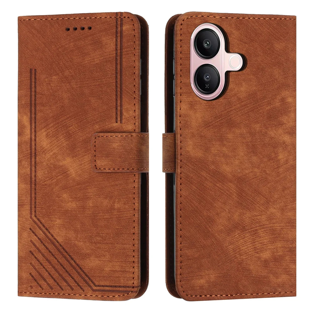 For vivo V60 Lite 4G / vivo V60 Lite 5G Stand Case Imprinted Lines Leather Phone Cover - Brown - 1