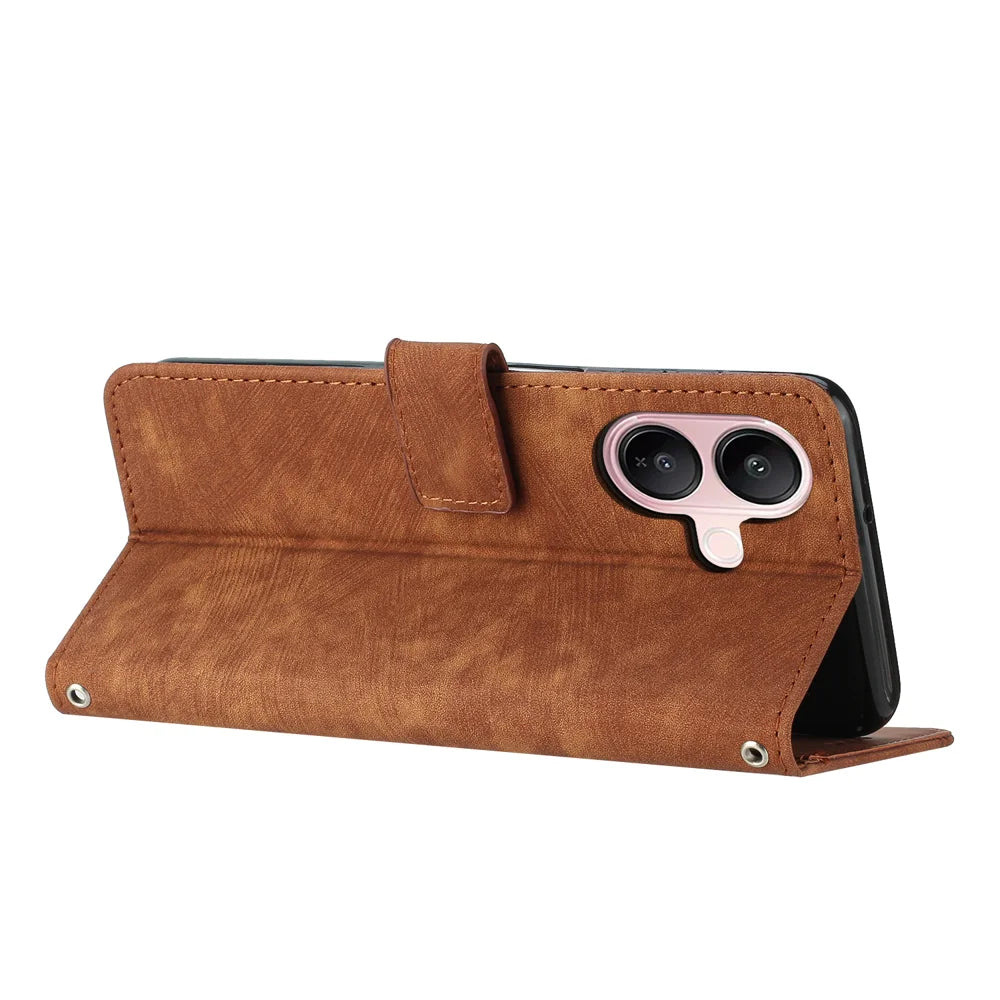 For vivo V60 Lite 4G / vivo V60 Lite 5G Stand Case Imprinted Lines Leather Phone Cover - Brown - 2