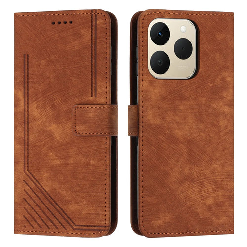For Realme 15T 5G Stand Case Imprinted Lines Leather Phone Cover - Brown - 1